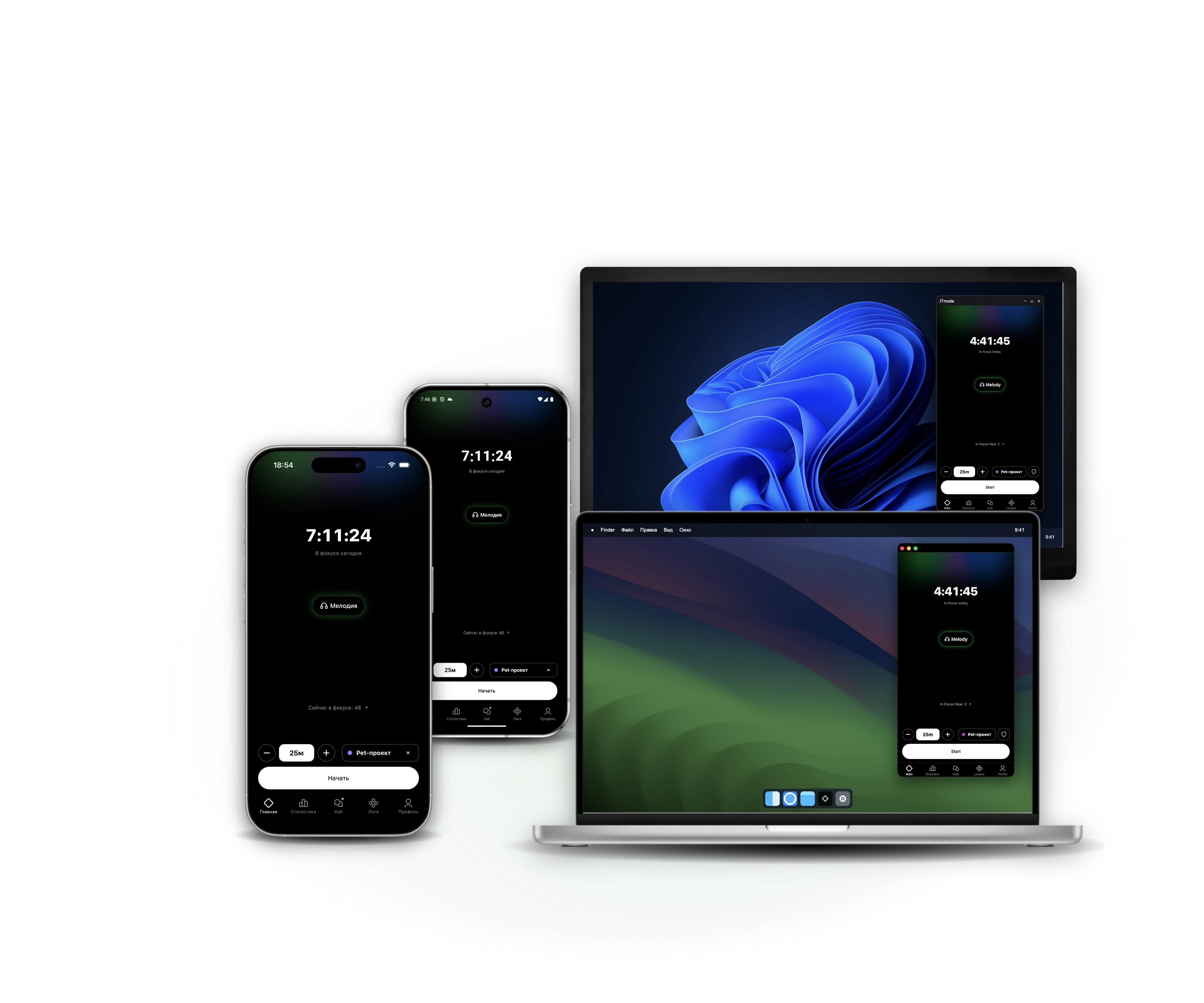 ITmode на iPhone, Android, MacBook с macOS и мониторе с Windows. На всех устройствах открыт главный экран таймера.