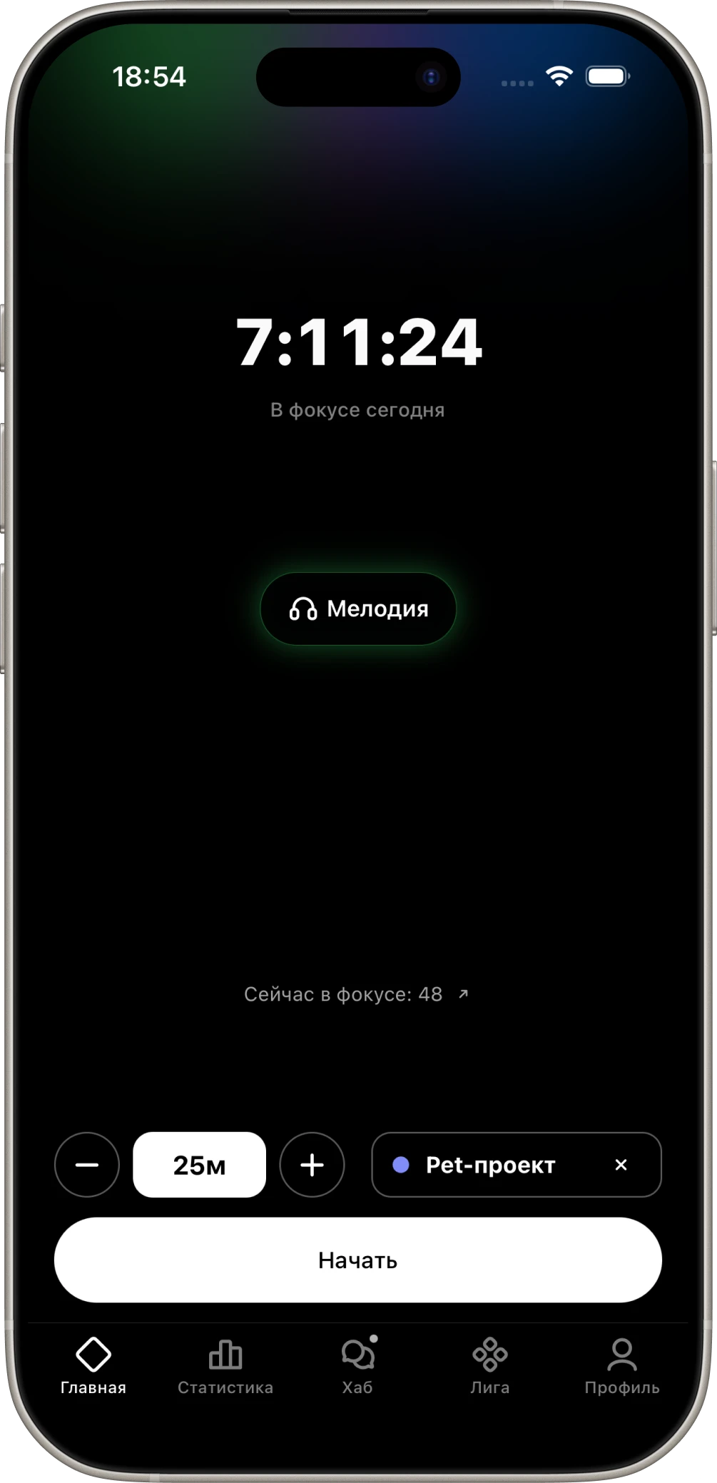 Главный экран ITmode до запуска таймера фокуса