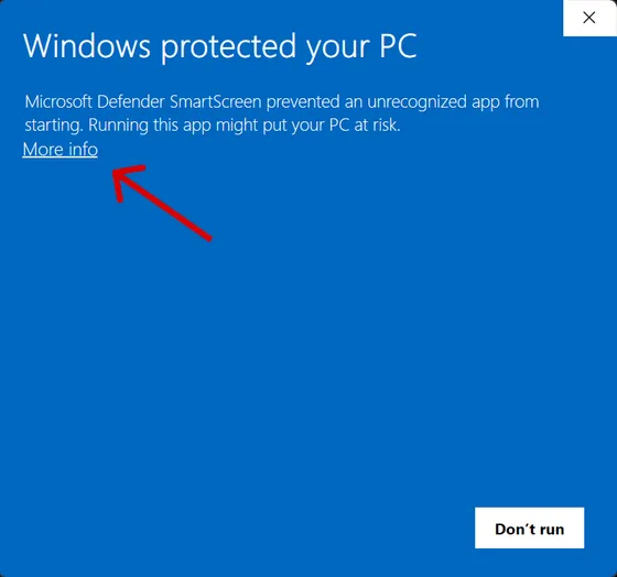 Windows SmartScreen — click More info