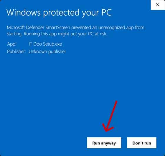 Windows SmartScreen — click Run anyway