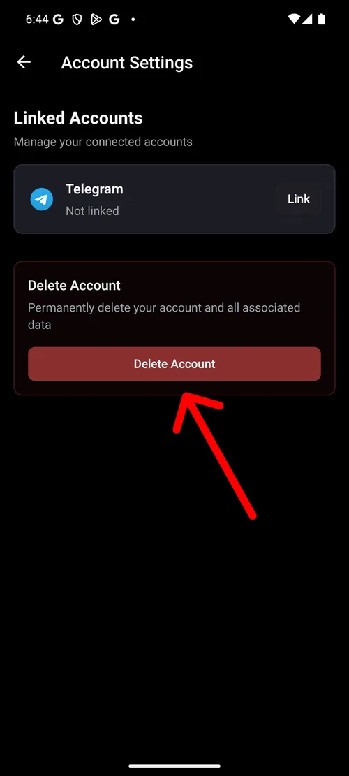 Tap Delete account on the Account screen.