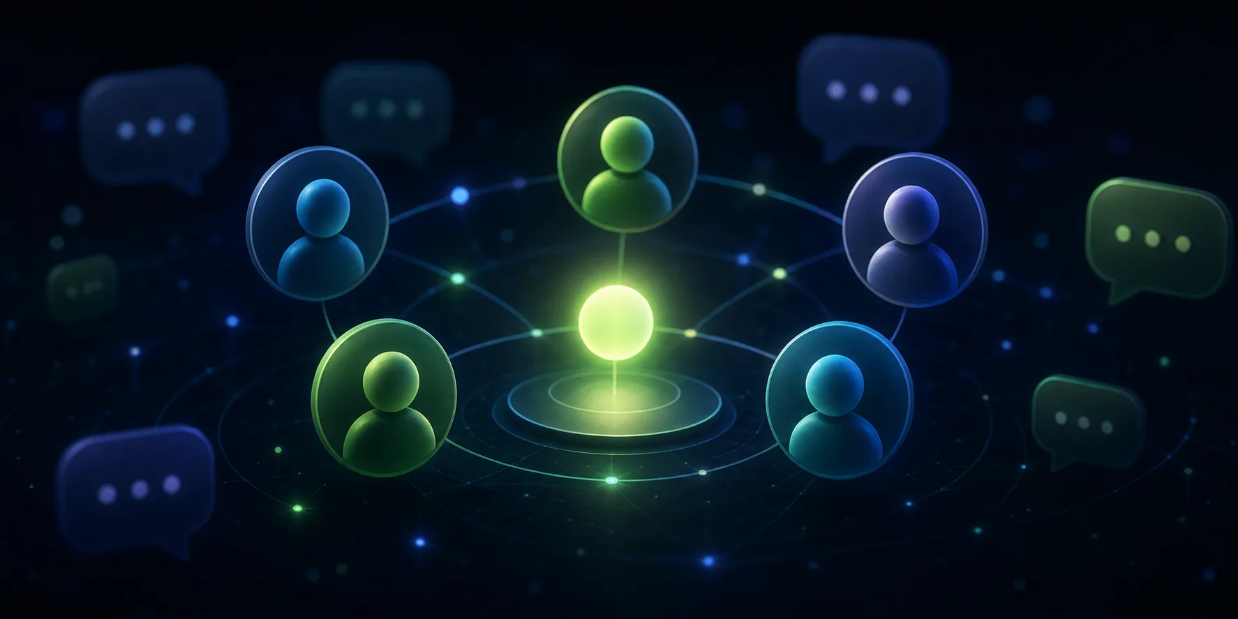 Several profile cards connected in a dark community interface
